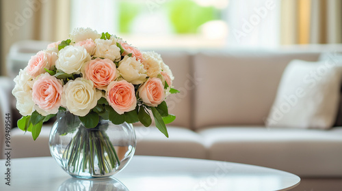 A beautiful bouquet of flowers in an elegant white vase is placed on the coffee table against the backdrop of a modern interior design