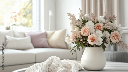 A beautiful bouquet of flowers in an elegant white vase is placed on the coffee table against the backdrop of a modern interior design