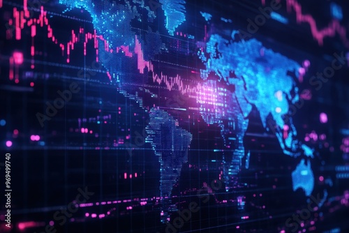 Digital background featuring blue and purple stock market charts with the world map in dark tones The background is dark, with glowing light effects on some elements Generative AI