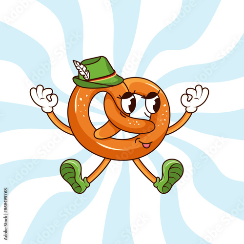 Oktoberfest Charakter Brezel.Oktoberfest Festival München.Bayern.Deutschland.
Pretzel mascot character in retro groove style for poster/flyer design on vintage background for Oktoberfest beer festival