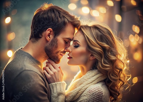 Tenderly embracing, a loving couple shares a romantic kiss in a softly lit, intimate setting, capturing the sweetness photo