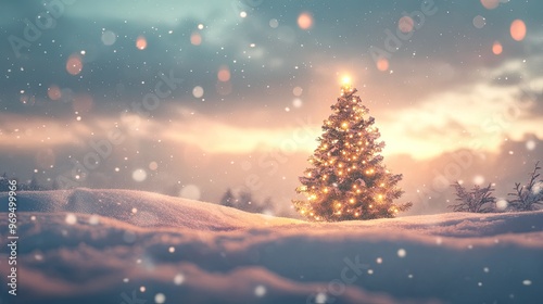 A snowy Christmas scene with a softly glowing tree in the distance and plenty of open space above for festive text or greetings.