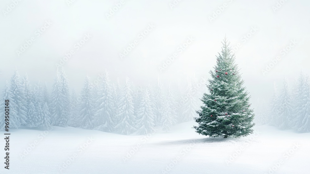 Fototapeta premium A snowy forest scene with a single decorated Christmas tree, leaving an expanse of snow and sky for adding holiday text or promotions.