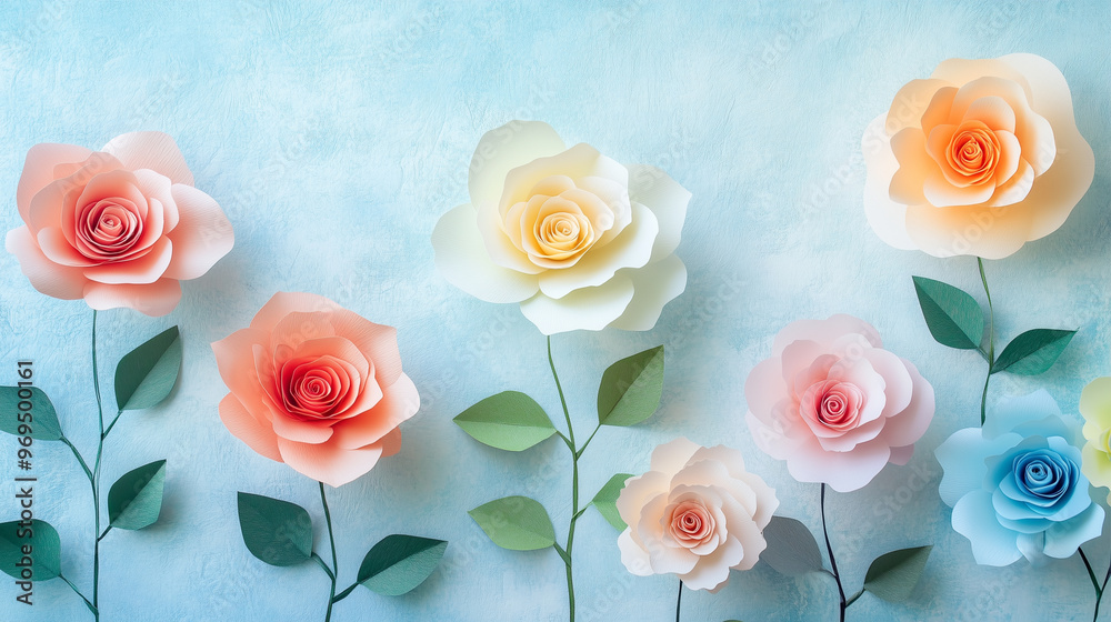 Fototapeta premium Paper roses of various colors on a light blue background