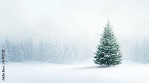 A snowy forest scene with a single decorated Christmas tree, leaving an expanse of snow and sky for adding holiday text or promotions.