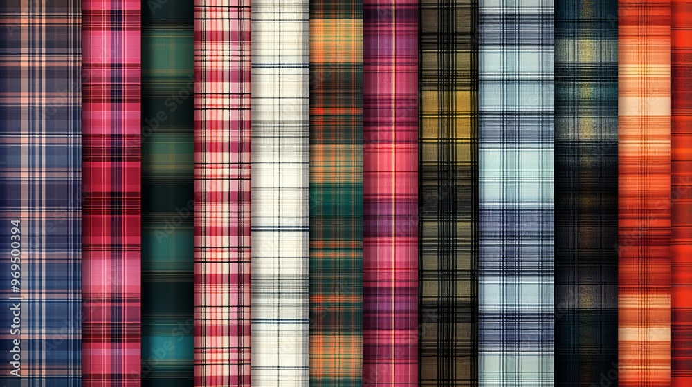 Colorful plaid fabric patterns displayed in a vibrant textile collection Colorful plaid fabric patterns displayed in a vibrant textile collection