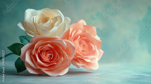 Three delicate paper roses in pastel colors