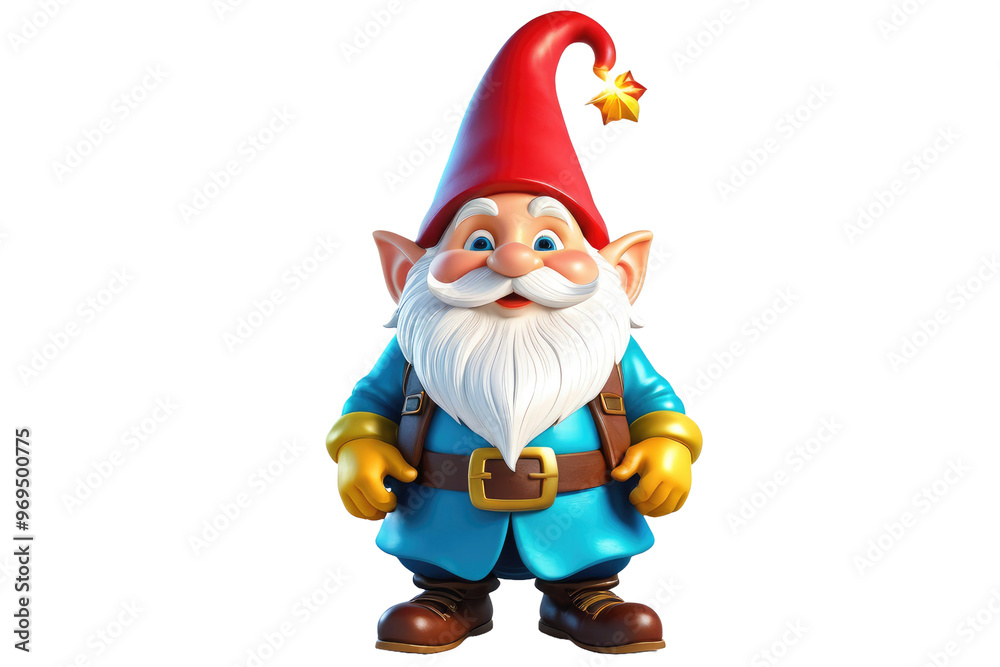 Fototapeta premium 3D cartoon gnome, full body, radiating charming delights, positioned grandly on a pristine white backdrop, high resolution, sleekly designed, spectacular, high-definition, volumetric lighting effects