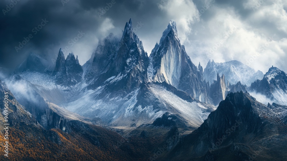 Fototapeta premium A dramatic mountain range with jagged peaks and rocky ridges, partially covered in snow with a stormy sky overhead.