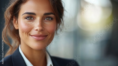 Close-up of a professional businesswoman with a warm, engaging smile, captured in high detail, reflecting confidence and competence in her field