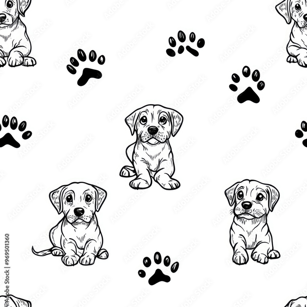 Obraz premium Seamless Pattern Charming Line Art of Dogs and Paw Prints for a Fun and Whimsical Theme