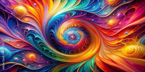 Vibrant abstract digital artwork featuring swirling shapes, mesmerizing patterns, and radiant colors, evoking feelings