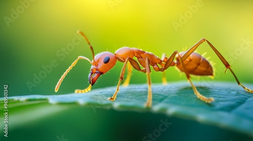 Close-up of a single ant crawling on a leaf, showcasing its detailed legs, antennae, and body structure against a clean background