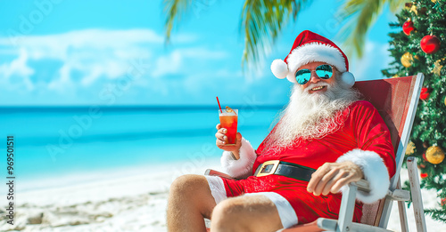 Santa Claus sits in a beach chair on a tropical beach, holding a cocktail and relaxing under the warm sun. The concept highlights celebrating Christmas in Holiday. Generative AI. 