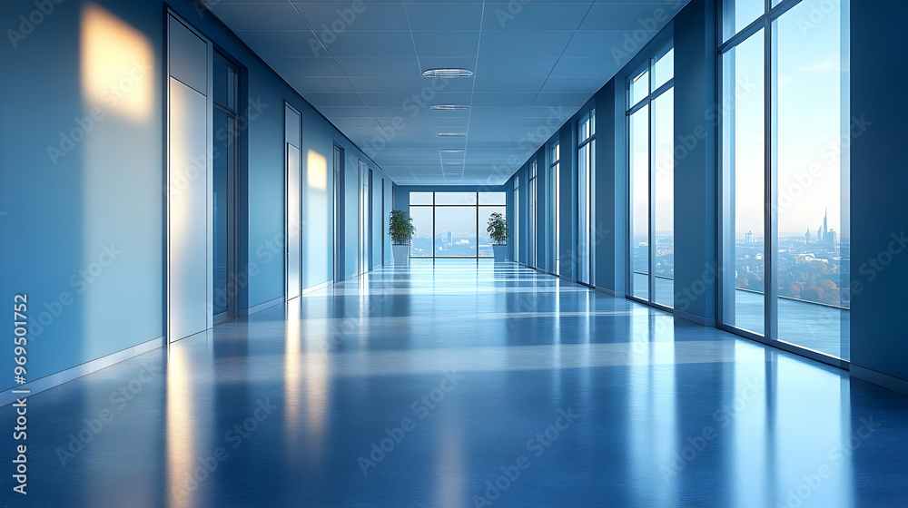 Modern office hallway with large windows and city view. Modern office hallway with large windows and city view.