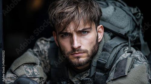 A soldier in camouflage uniform stares intensely into the camera.