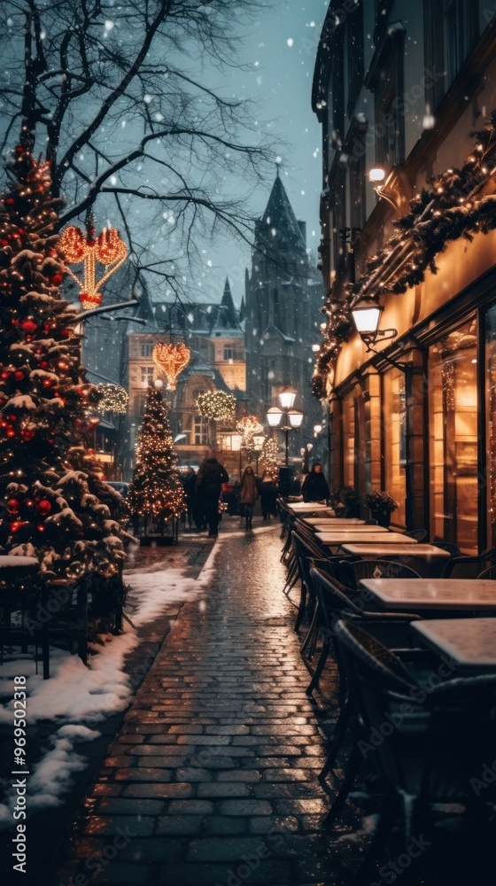 Fototapeta premium Cold winter night christmas city architecture.