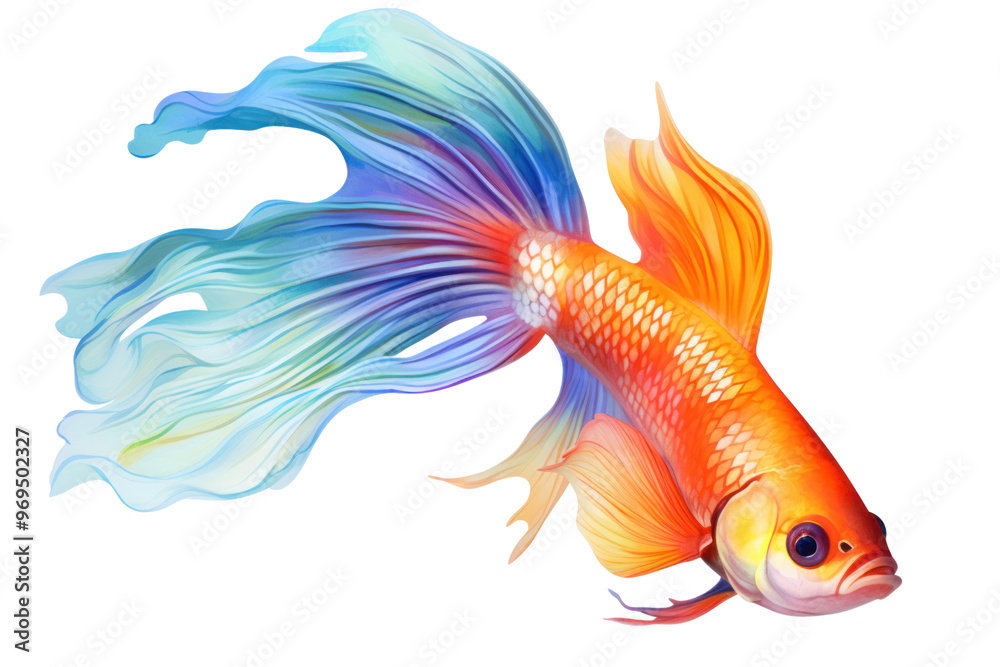 Fototapeta premium Beautiful, colorful fish swim on a white background. Show a dignified demeanor