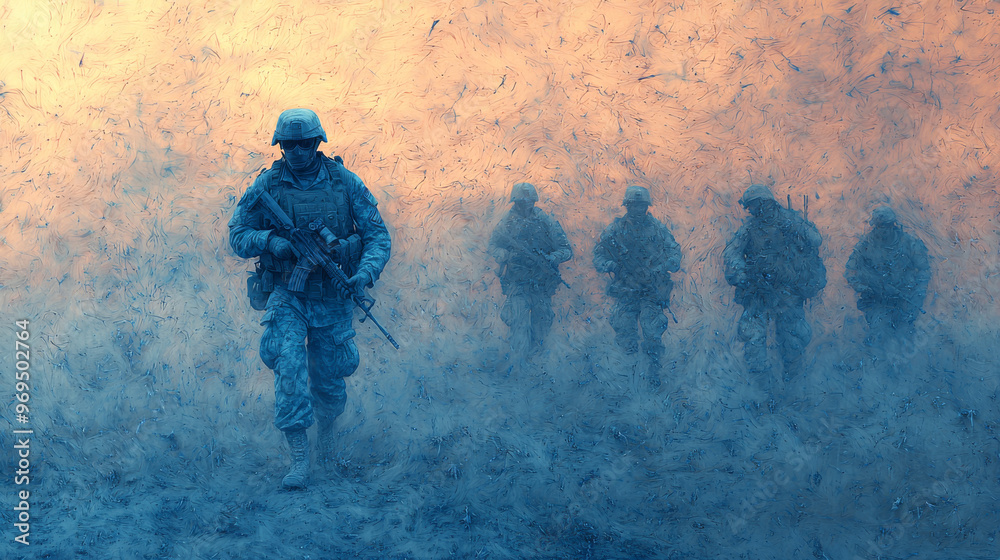 Soldiers running through a dusty field, focused and determined. Soldiers running through a dusty field, focused and determined.