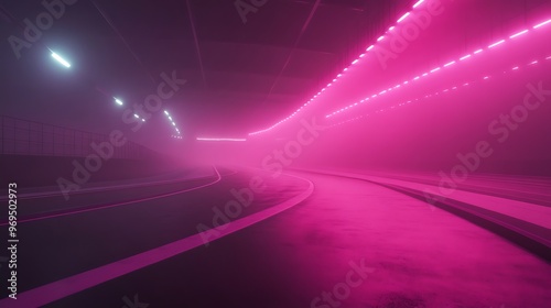 Serene Night Cycling Track: Vivid Magenta Lights Piercing Through Fog