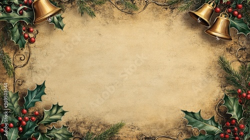 An antique parchment texture framed by holly leaves and golden bells, with ample space in the center for personalized Christmas messages or designs.