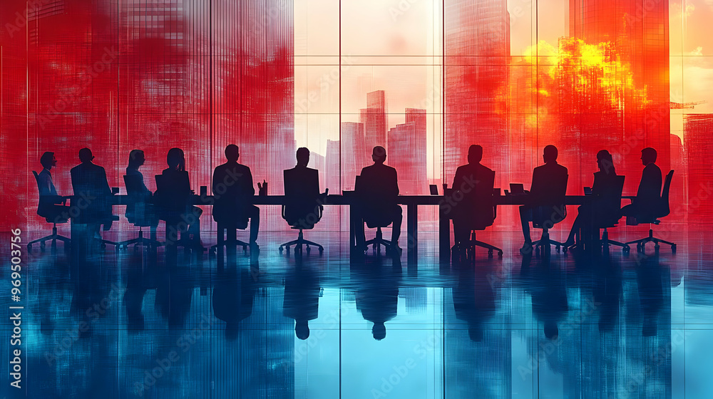 Silhouette of a business meeting with a cityscape backdrop in vibrant colors. Silhouette of a business meeting with a cityscape backdrop in vibrant colors.