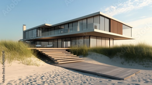 Contemporary beachfront house with sleek glass walls and wooden deck, surrounded by sand dunes and coastal grasses, under a clear sky.