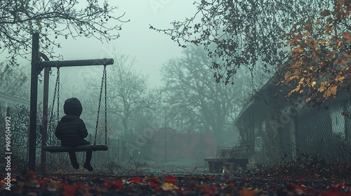 A ghostly child sitting alone on a swing in a desolate playground under a pale sky.