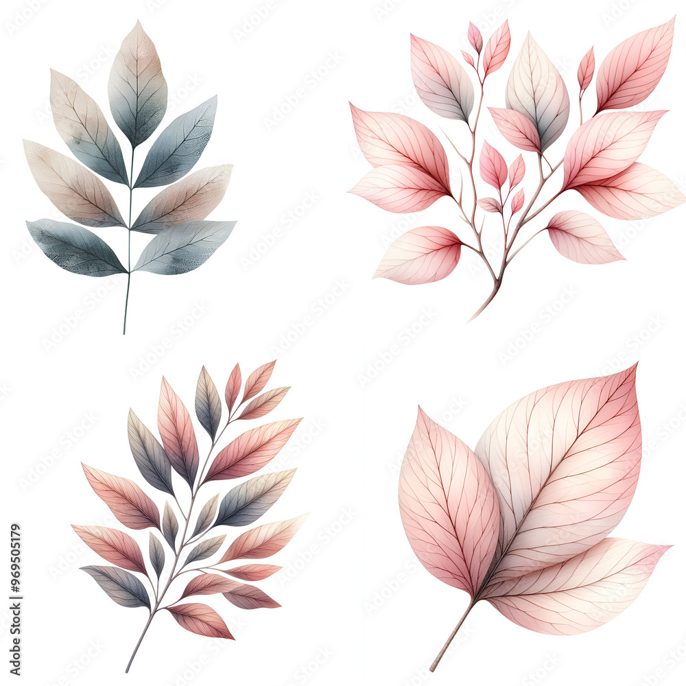 Cute cartoon set of leaves on white background.AI Cute cartoon set of leaves on white background.AI