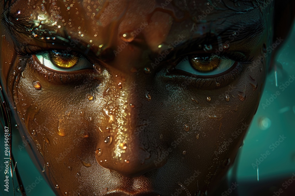 A woman gazes intensely with glowing eyes, her skin glistening with droplets, creating a powerful and captivating moment A woman gazes intensely with glowing eyes, her skin glistening with droplets, creating a powerful and captivating moment