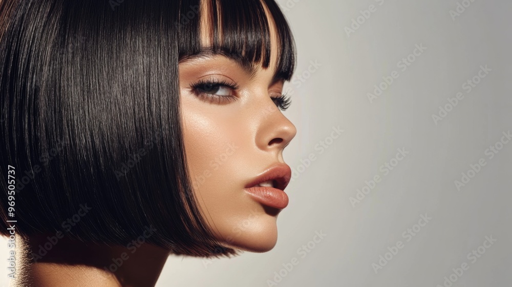 Fototapeta premium Close-up of a woman with a chic bob haircut, emphasizing the sleek, well-maintained ends and the overall stylish look against a clean background.