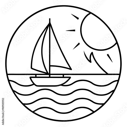 ocean and sailboat outline coloring book page line art drawing