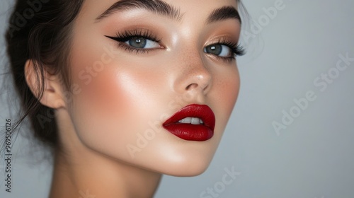 Close-up of a woman with a flawless makeup look, featuring a glowing complexion, dramatic eye makeup, and a bright red lip, showcasing her polished appearance