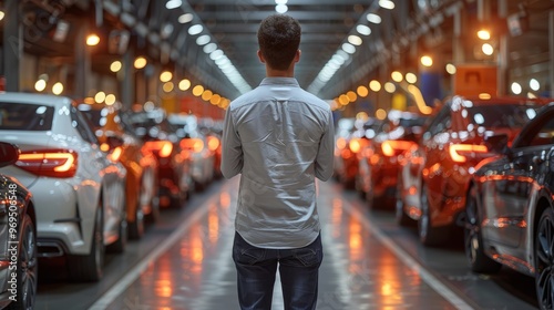 Wallpaper Mural Under the warm lights of a bustling factory, an individual stands still, captivated by the vibrant glow of rows of parked vehicles at dusk Torontodigital.ca