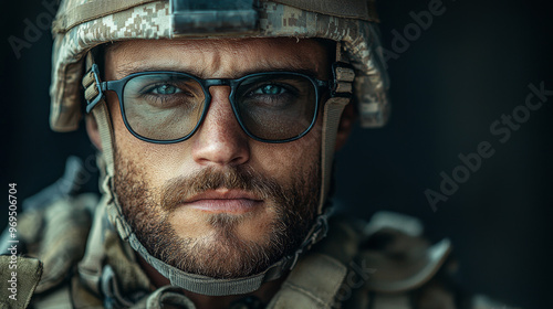 Close-up portrait of a soldier in uniform, looking intently at the camera. photo