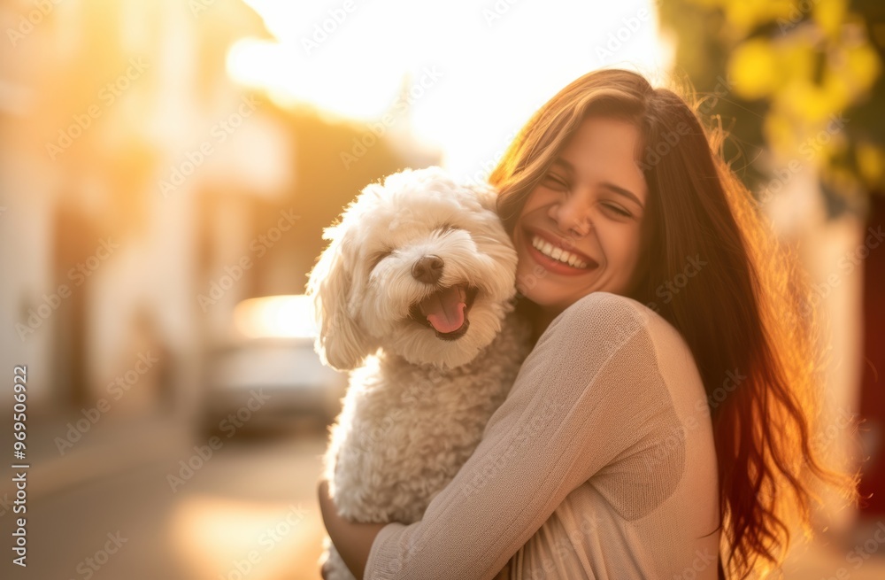 A young woman is happily hugging her dog outdoors, both appearing joyful and close. The natural lighting and warmth of the moment highlight their strong bond and affection. A young woman is happily hugging her dog outdoors, both appearing joyful and close. The natural lighting and warmth of the moment highlight their strong bond and affection.