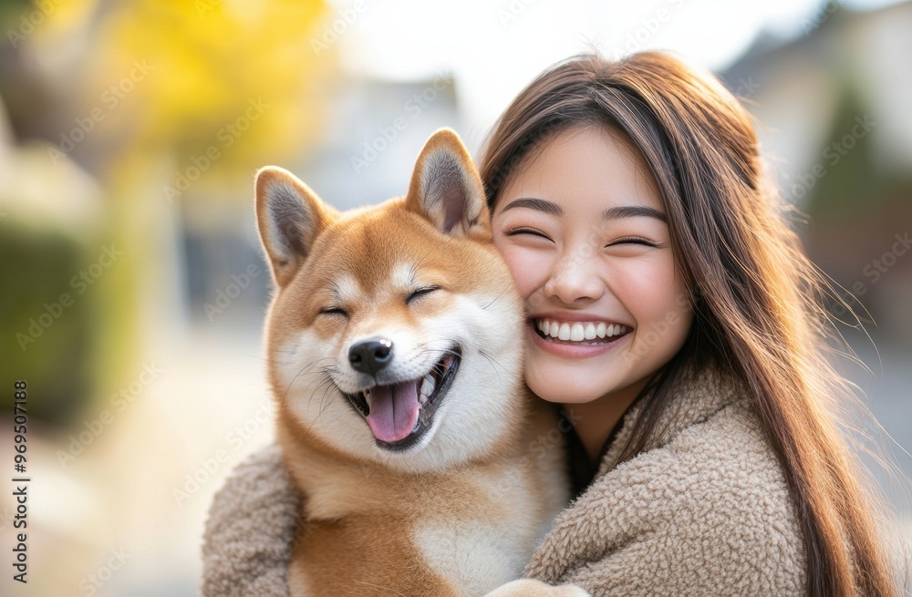 A young woman is happily hugging her dog outdoors, both appearing joyful and close. The natural lighting and warmth of the moment highlight their strong bond and affection. A young woman is happily hugging her dog outdoors, both appearing joyful and close. The natural lighting and warmth of the moment highlight their strong bond and affection.