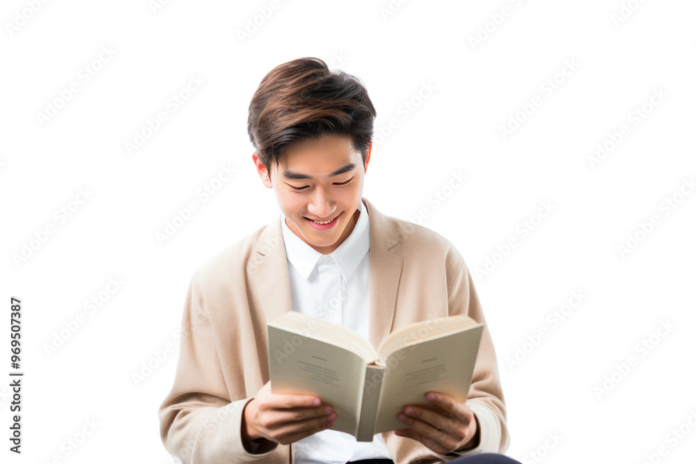 Asian teenager reading a book Isolated on a white background. Show a love of reading, an appetite for knowledge, and an interest in learning Asian teenager reading a book Isolated on a white background. Show a love of reading, an appetite for knowledge, and an interest in learning