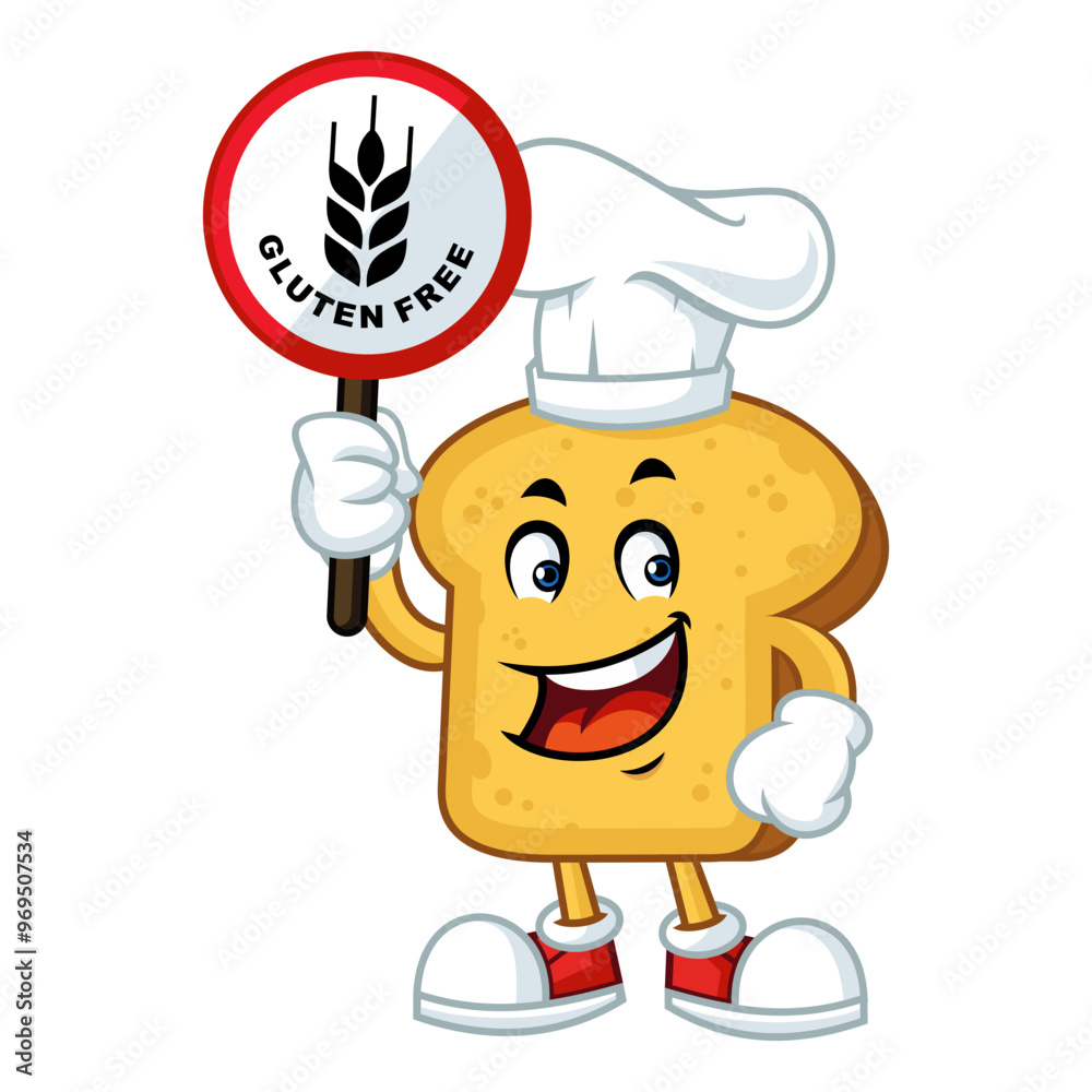 Smiling cartoon slice of gluten free bread wearing a chef hat and holding a gluten free sign. Smiling cartoon slice of gluten free bread wearing a chef hat and holding a gluten free sign.