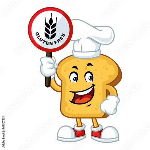 Smiling cartoon slice of gluten free bread wearing a chef hat and holding a gluten free sign. 
