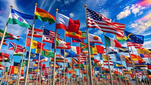 Vibrant flags of the world waving in the wind, forming a colorful and dynamic mosaic, symbolizing global unity