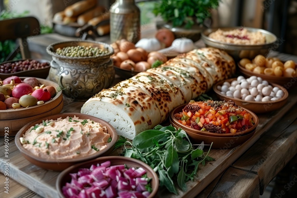 Vibrant display of Middle Eastern dishes on a rustic wooden table with various salads, bread, and dips during a sunny afternoon gathering Vibrant display of Middle Eastern dishes on a rustic wooden table with various salads, bread, and dips during a sunny afternoon gathering