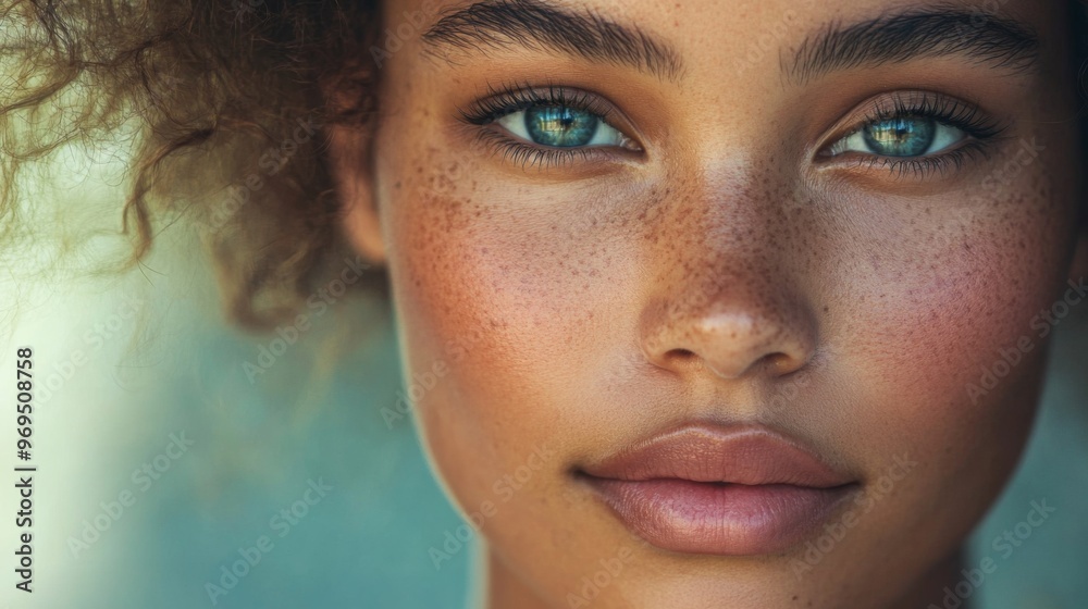 Close-up of a woman's beautiful face, with clear, glowing skin and a serene expression, highlighting her natural beauty and elegance. Close-up of a woman's beautiful face, with clear, glowing skin and a serene expression, highlighting her natural beauty and elegance.
