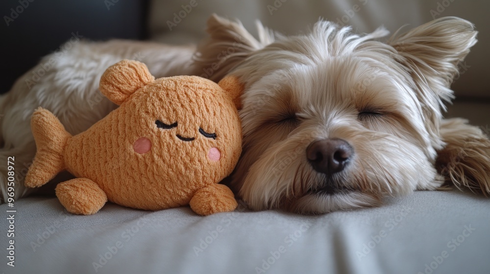 A sleeping dog cuddles with a plush fish toy on a couch. A sleeping dog cuddles with a plush fish toy on a couch.