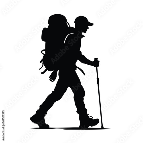 A silhouette of a person backpacking