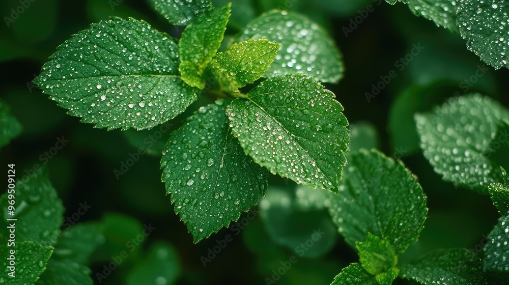 A close-up of fresh raindrops on green leaves, the natural light creating soft highlights and shadows. A close-up of fresh raindrops on green leaves, the natural light creating soft highlights and shadows.