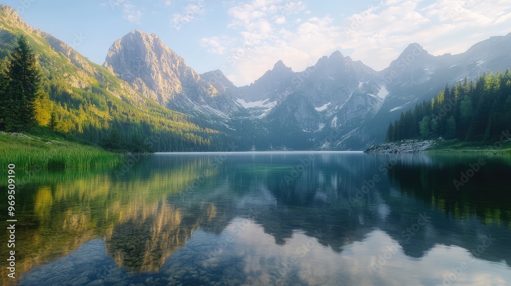 A crystal-clear mountain lake reflecting the sky and peaks, with soft sunlight casting a gentle glow on the landscape, perfect for a desktop background A crystal-clear mountain lake reflecting the sky and peaks, with soft sunlight casting a gentle glow on the landscape, perfect for a desktop background