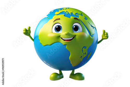 Cute earth cartoon character, full body, 3D model, floating elegantly isolated on a white backdrop, charming facial features, cheerful expression, bright colors on continents, shadow under example