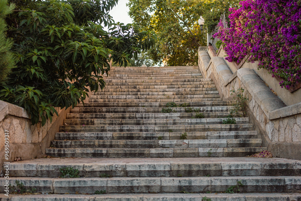 Take a moment to explore a beautifully serene staircase that is framed by lush, vibrant greenery and colorful flowers in Tarragona, Spain Take a moment to explore a beautifully serene staircase that is framed by lush, vibrant greenery and colorful flowers in Tarragona, Spain