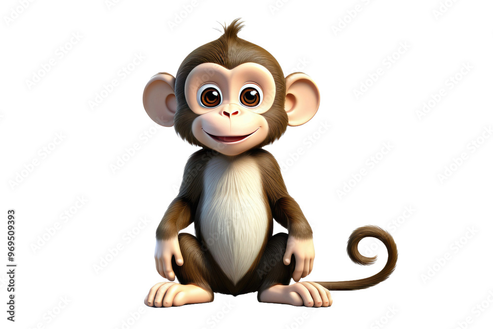 Fototapeta premium Cute monkey cartoon, full body, high quality 3d, isolated on white background, ultra clear, highly detailed